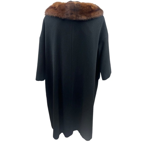 VTG Black Wool A-Line Swing Coat Scalloped Mink Collar Raglan Sleeves Jackie O - Picture 3 of 16